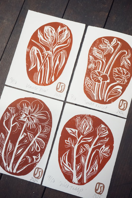 Rock Garden woodcut prints by Jo Sweeting