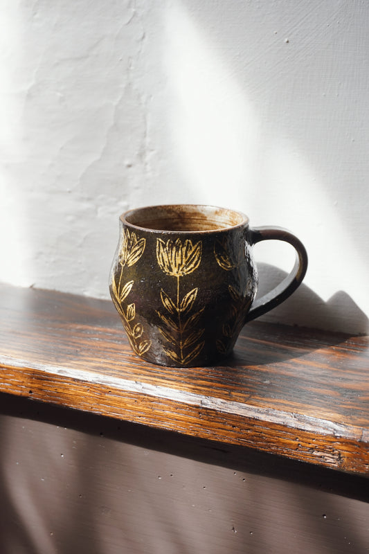 Black Stoneware Floral Mug by Steph Tooley