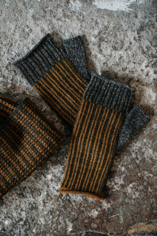 Forager Fingerless Gloves - Mustard by Kate Jones Knitwear